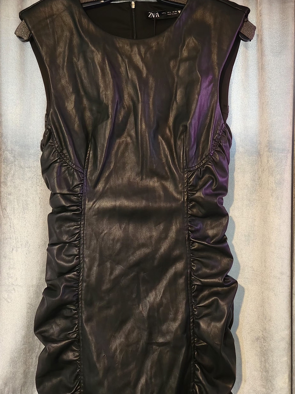 Zara Black Faux-Leather Ruched Mini Dress